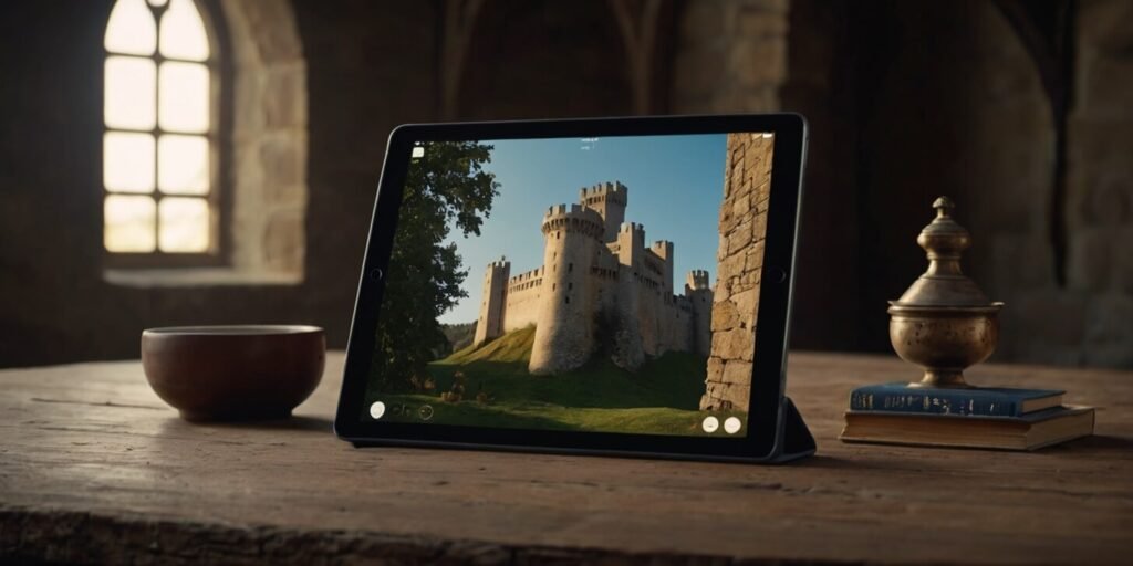 Tablet on Table With Medieval Audiobook - CastleLore